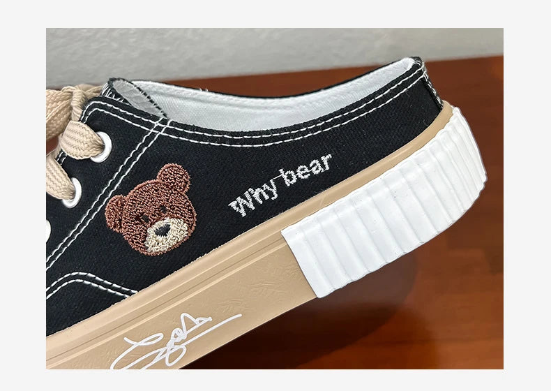 Women Cute Bear Canvas Shoes New Flat Casual All-match Half Slippers Korean Version Trend Lace Up Ladies Vulcanized Shoes 2024