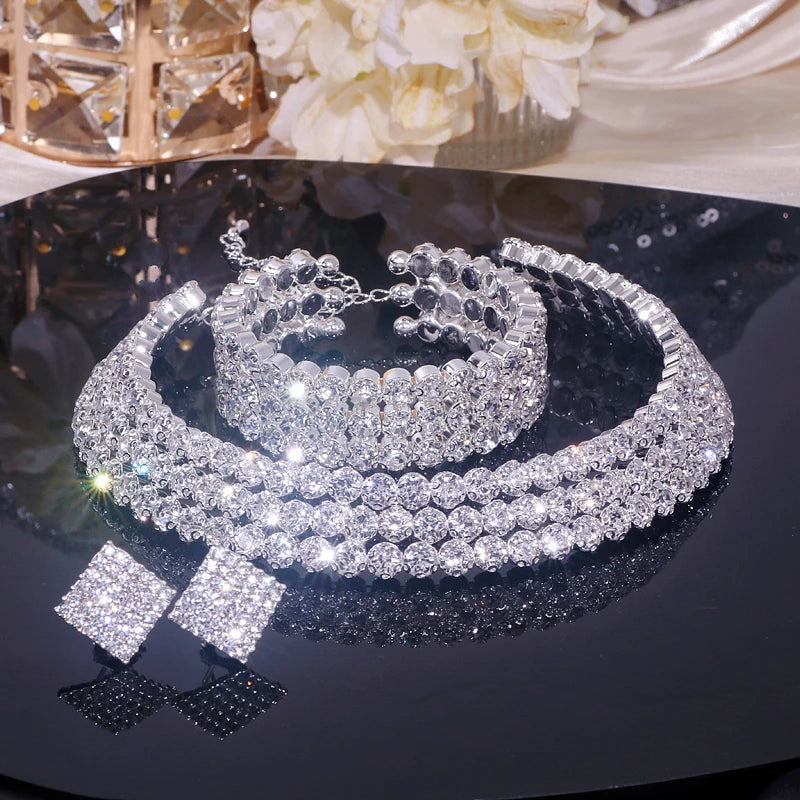 Classic Rhinestone Crystal Choker Necklace Earrings and Bracelet Set for Women Silver Color Bridal Wedding Party Jewelry Sets