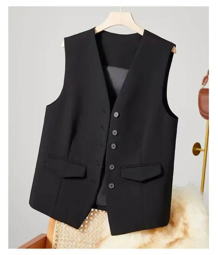 Women Suit Vest Elegant Women's V Neck Business Vest Sleeveless Waistcoat for Office Commute Style Solid Color Single-breasted - AIAZ