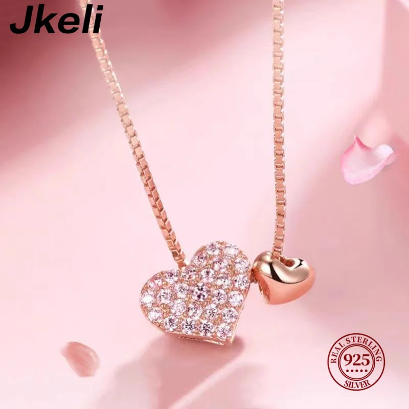 Jkeli 100% 925 Sterling Silver Charm Romantic Love Heart Pendant Box Link Chain Necklace for Women Fashion Wedding Jewelry