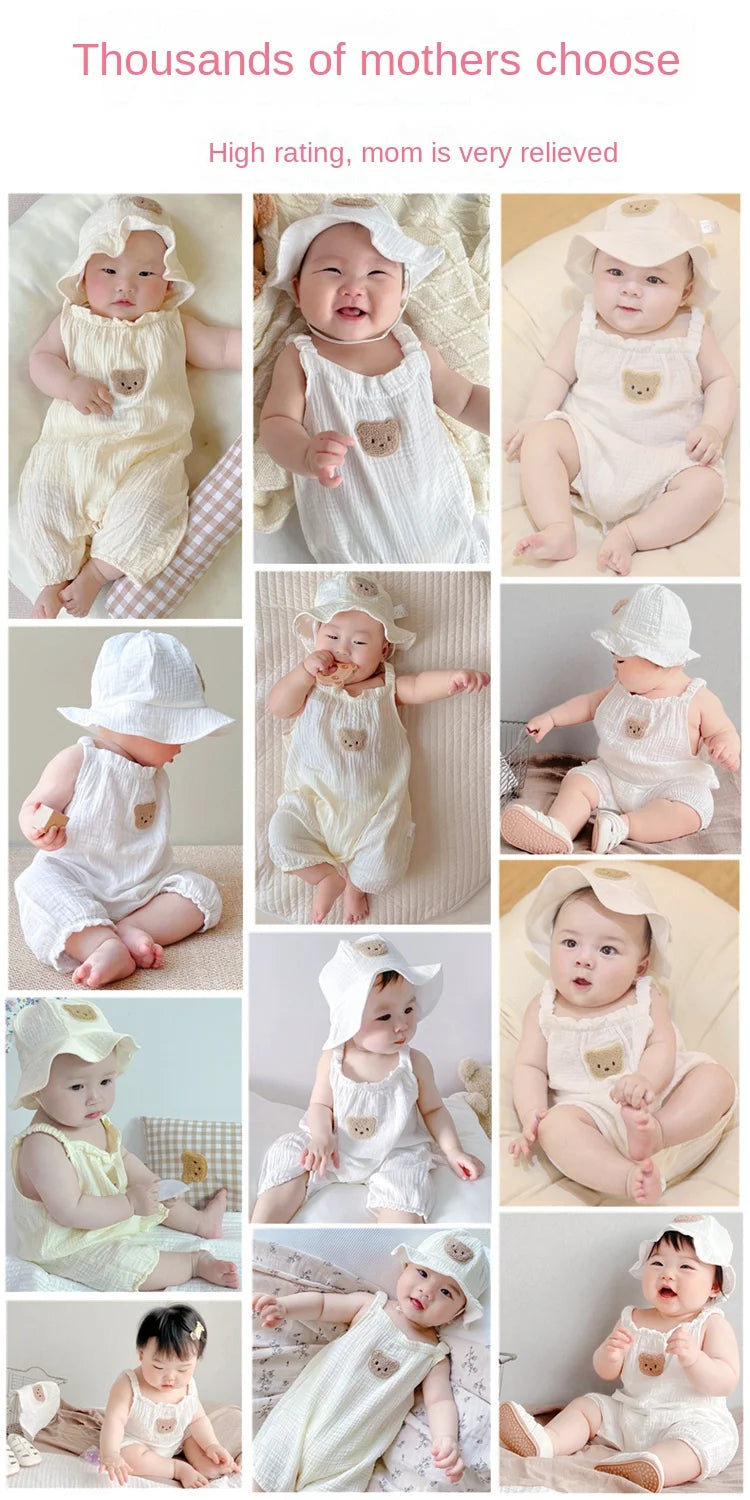 2Pcs/Set Baby Summer Clothing Solid Newborn Infant Romper With Hat Muslin Cotton Sleeveless Baby Boys Girls Jumpsuit Outfits