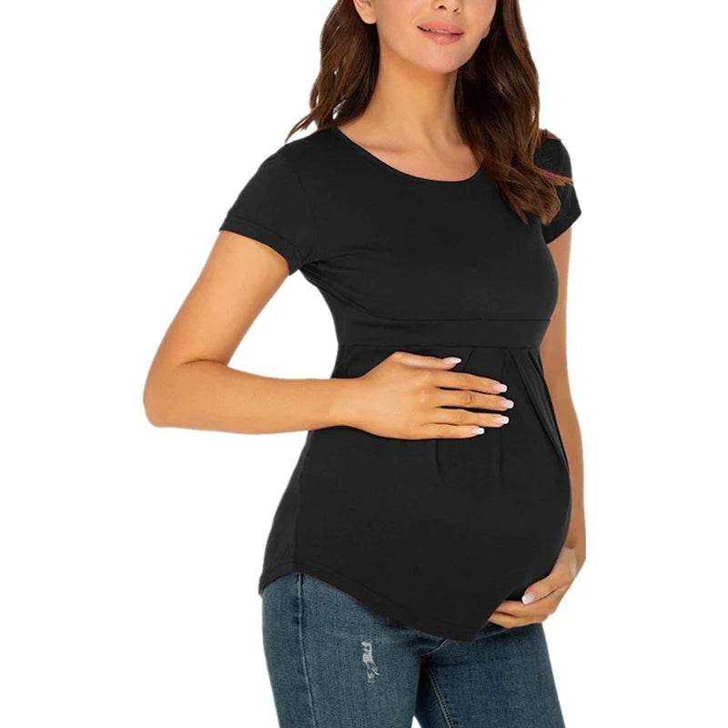 Summer Maternity Tops Women Pregnancy Short Sleeve T-Shirts Casual Tees for Pregnant Elegant Ladies Folds T-Shirt Women Clothes - AIAZ