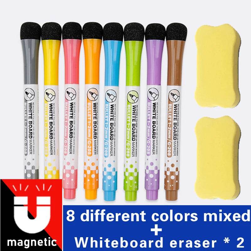 1 Set School Classroom Supplies Magnetic Erasable Whiteboard Pens Markers Dry Eraser Pages Children's Drawing Pen Board Markers - AIAZ
