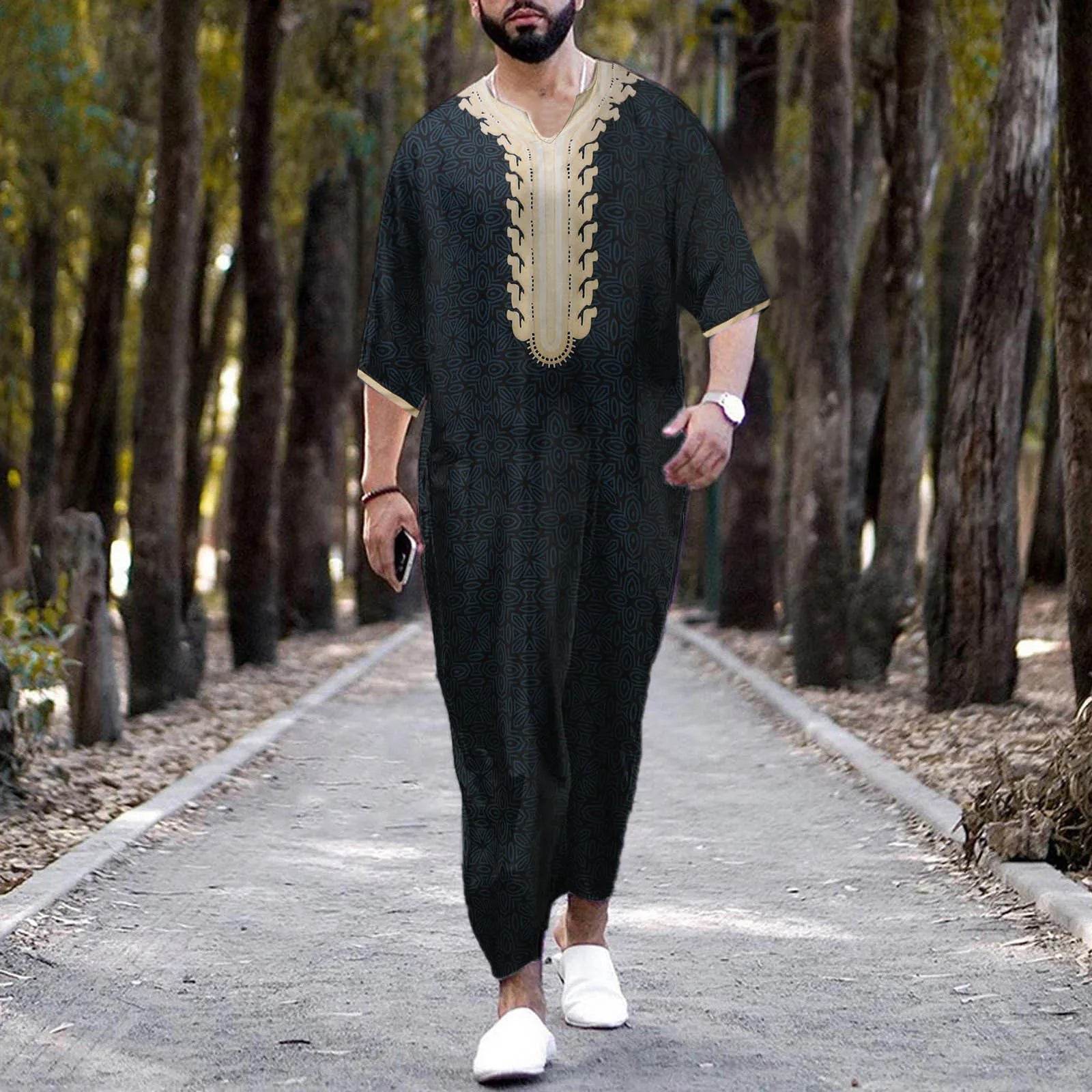 Men Muslim Summer Fashion Loose Robe Islam Kaftan Men Clothing Dubai Luxury Muslim Abaya Muslim V-neck Short Sleeve Printing - AIAZ