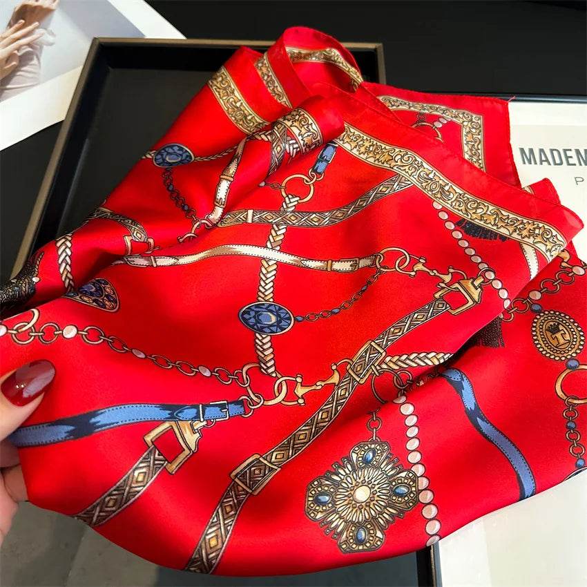 Luxury Chain Print Small Square Scarf Simulated Silk Thin Neck Scarf Fashion Sunscreen Headscarf For Women 70x70cm - AIAZ
