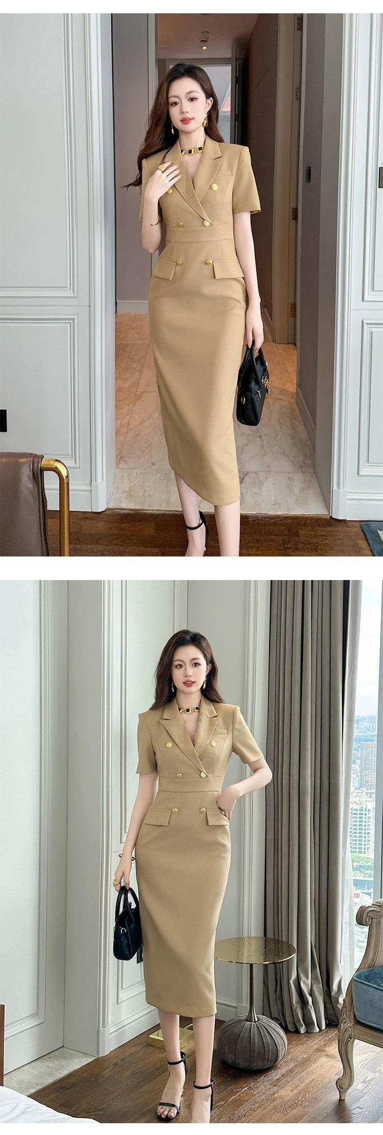 Fashion Elegant Business Dresses Women Clothes Sweet OL Professional Double Breasted Midi Robe Meeting Work Style Party Vestidos - AIAZ