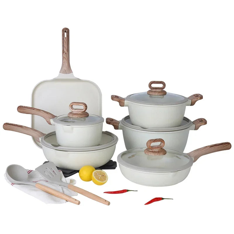 DONNOR 16Pcs/set Pot Set Home Nonstick Beef Steak Frying Pan Stewed Pot with Silicone Spatula and Glass Lid Kitchen Cookware Set