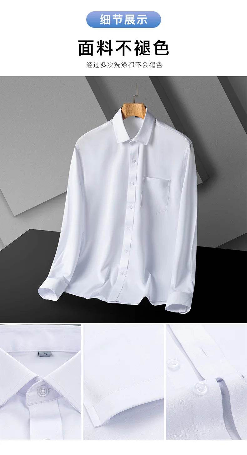 Classic Shirts For Men Long Sleeve Business Causal Stretch Soft Solid Formal Anti-wrinkle Non-iron Navy Party Wedding Blouse 5XL - AIAZ