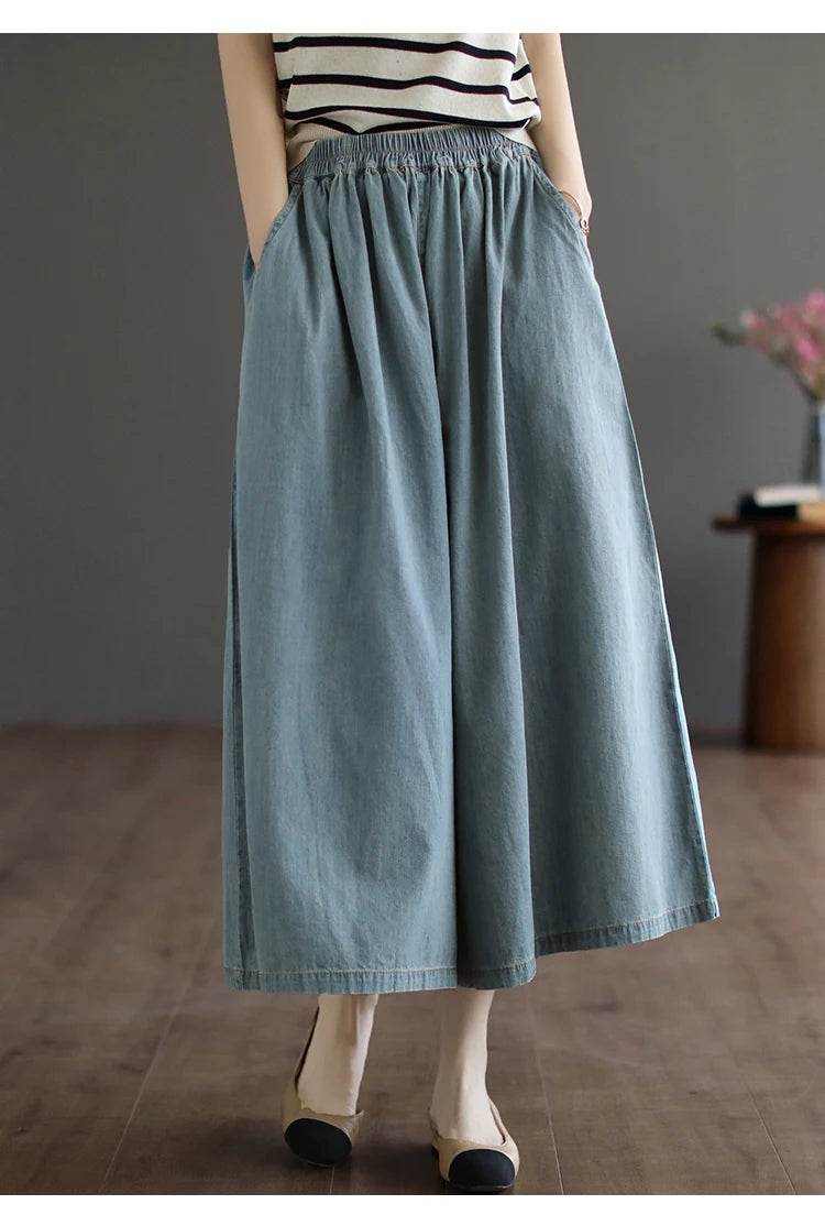 8215 Summer Trendy Wide Leg Jeans Skirts For Women New Design Straight Loose Casual Solid Color Elastic High Waist Denim Pants - AIAZ