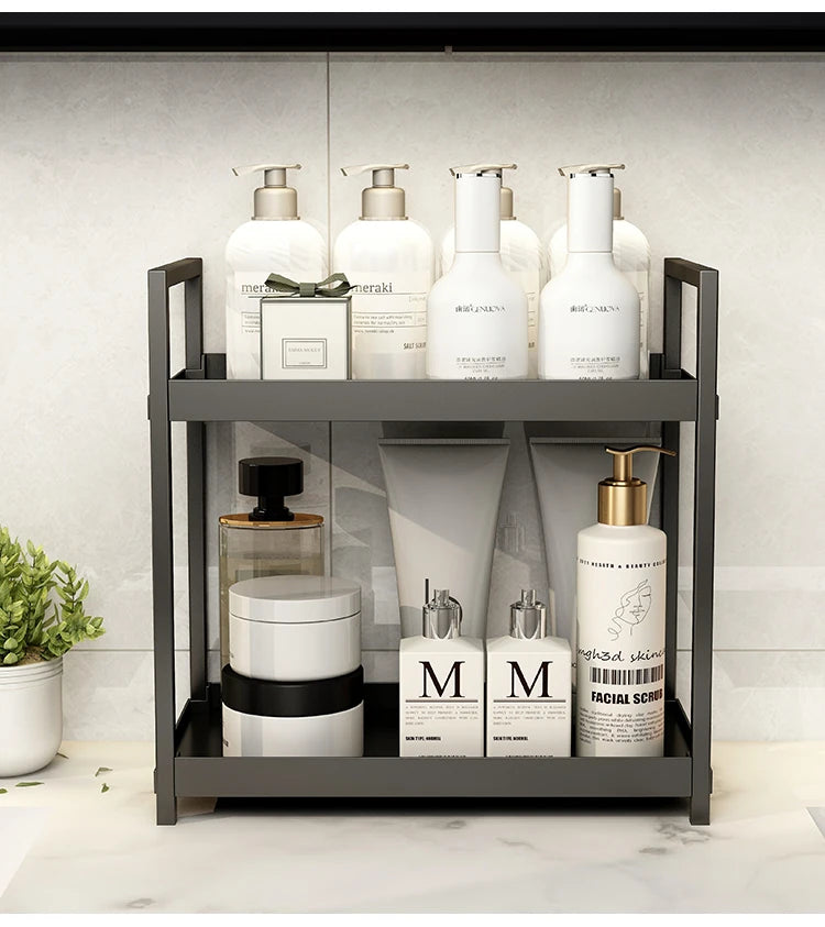 2 tier Multifunctional Countertop Storage Rack,Bathroom cosmetic Storage,Kitchen spice holder,Large-Capacity,Black and white