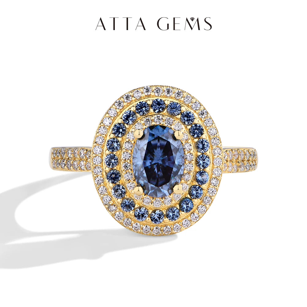 ATTAGEMS Blue Moissanite Women Rings Oval Cut 1.0CT Real S925 Sterling Silver Jewelry For Wedding Engagement Ring With Certified