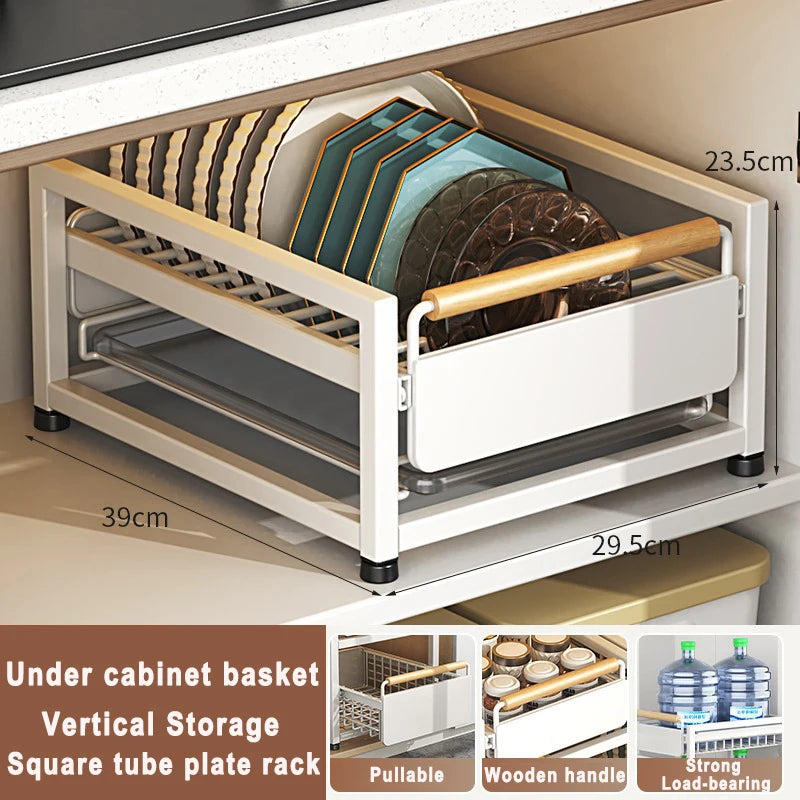 Under Sink Storage Rack Pull out Cabinet Organizer Kitchen Sliding Drawer Storage Basket Handle Bowl Plate Rack Holder Shelves