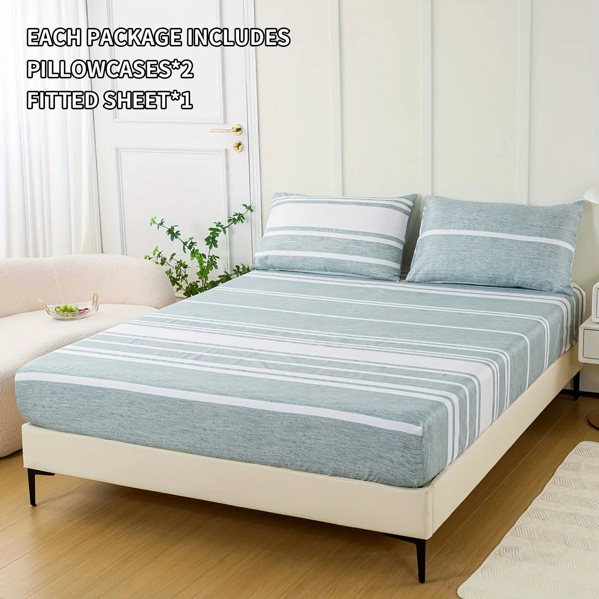 3-Piece Striped Fitted Sheet Set – Luxuriously Soft & Breathable – Includes 1 Fitted Sheet and 2 Pillowcases for Cozy Sleep – Pe