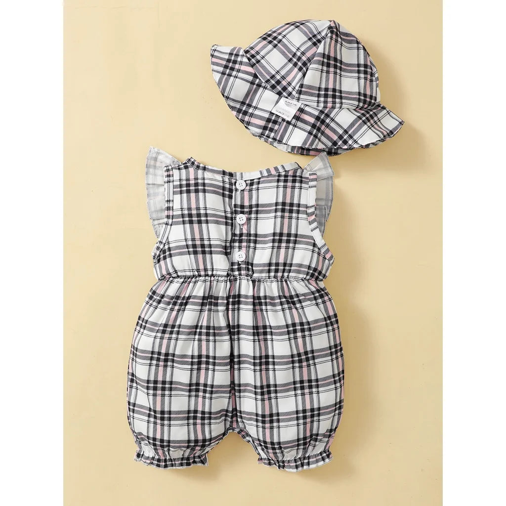 0-18 Months Newborn Baby Girl Clothes Cute Plaid Design Summer Romper+Hat 2Pcs Suit Fashion Holiday Clothing For Toddler Girl