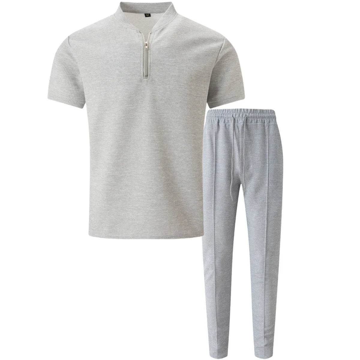 2025 Men's new summer suit Waffle collar solid color zipper short sleeve pants suit fashion casual loose sportswear - AIAZ