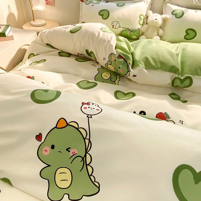 Cute Bear Duvet Cover Set with Zipper Pink Heart Bed Sheet Pillowcases No Filler Twin Queen Size Girls Boys Gift Bedding Set
