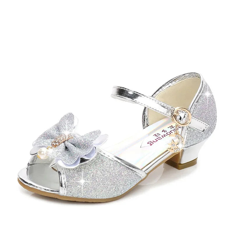 Princess Kids Leather Shoes for Girls Flower Casual Glitter Children High Heel Girls Shoes Butterfly Knot Blue Pink Silver