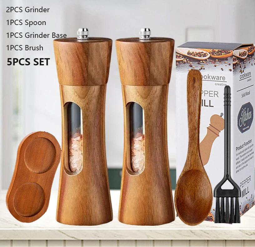 Wood Pepper Grinder Shaker Adjustable Ceramic Core Grinding Bottle with Base Wood Salt Pepper Mills for Kitchen Cooking BBQ