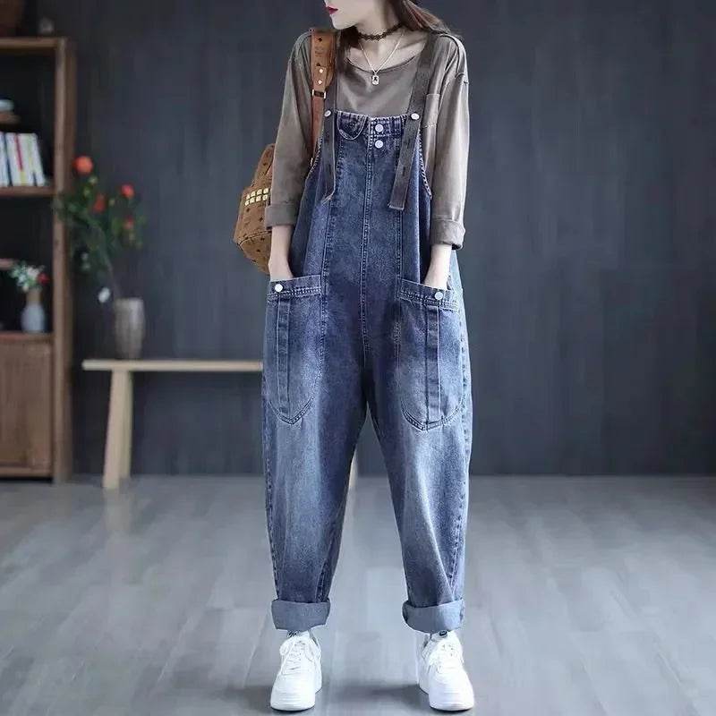Jumpsuit Women Jeans Rompers New Retro Big Pocket Loose Denim Overalls Fashion Casual Wide-leg Pants Jumpsuits Cloth - AIAZ
