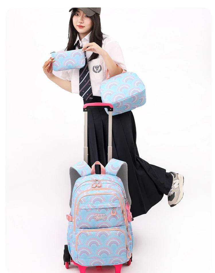 Rolling School Bags for Girls Backpack Children Waterproof School Backpacks with Wheels Middle School Trolley Luggage Back Pack - AIAZ