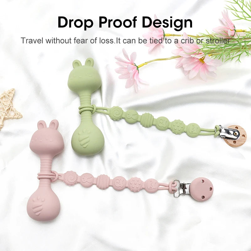 Food-Grade Baby Bunny Silicone Rattle Teether – Dumbbell Shape for Easy Grip, Handheld Toy for Infants