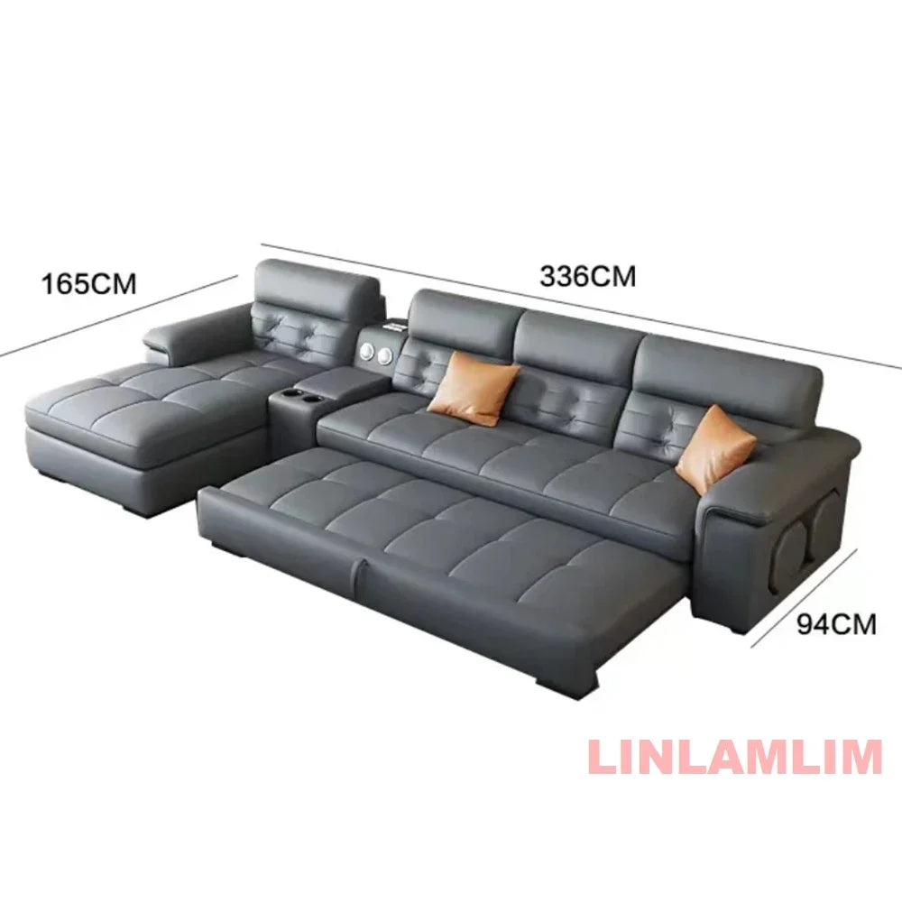 MINGDIBAO Sectional Sofa Bed with Storage, Genuine Leather Reclining Couch, Space-Saving Convertible Sleeper Sofa in Living Room