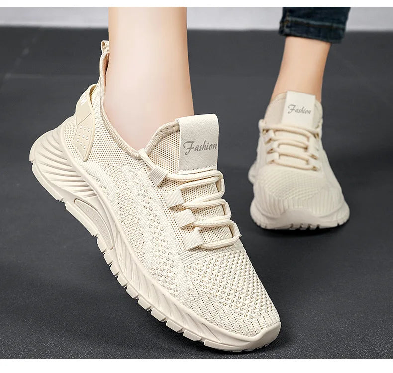 Women Lace Up Running Shoes Sporty Outdoor Beige Fabric Sneakers Comfort Lightweight Non Slip Athletic Shoes for Gym Work Casual