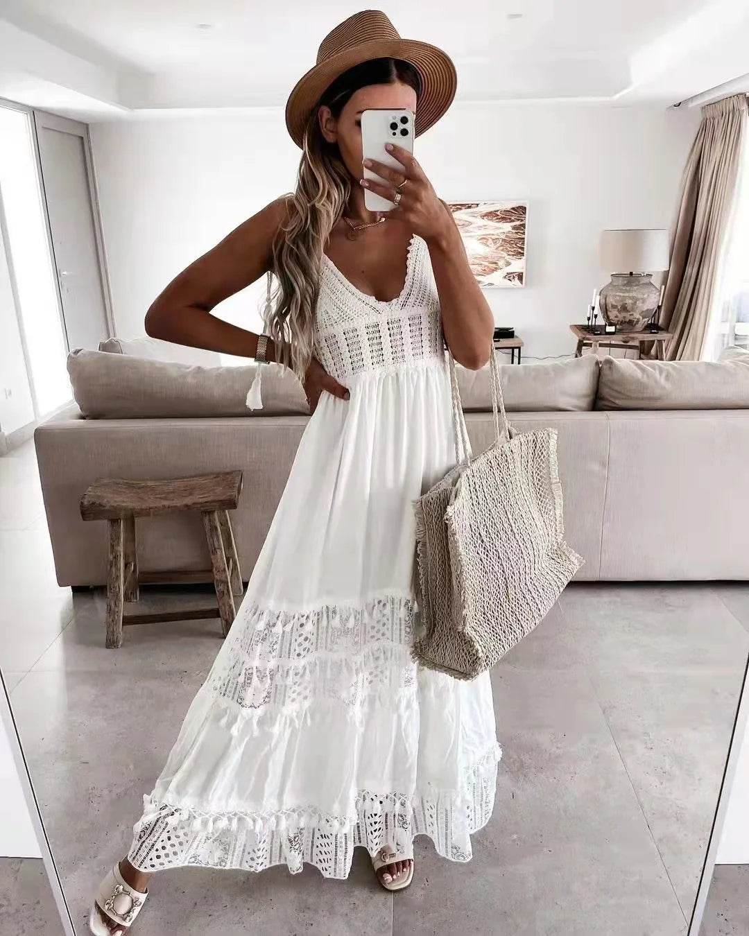 Women's Dress White Hollow Out Cotton Sundress Lace Sleeveless Long Splicing Summer Party Elegant Evening Woman Skirt Clothing - AIAZ