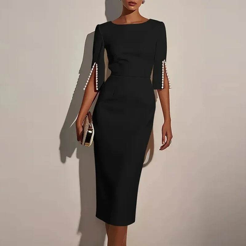 Elegant Women Fashion O-neck Solid Color Commuter Dress Hight Waist Slimming Long Dresses Beaded Split Half Sleeves Party Dress - AIAZ