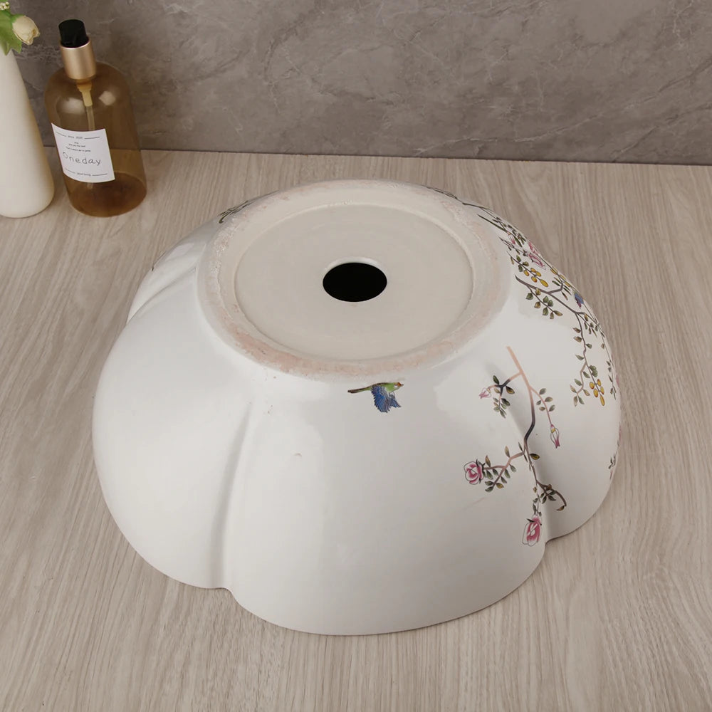 ZAPPO Above Counter Ceramic Vessel Sink For Bathroom Round Petal Shaped Flower & Bird Pattern Wash Basin Bowl Sinks With Faucet