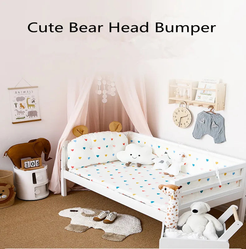 4Pcs Baby Bedding Set Cotton Cartoon Bear Head Crib Bed Protector Bumper Newborns Sheet Child Bed Baby Washable Cot Bedding Set