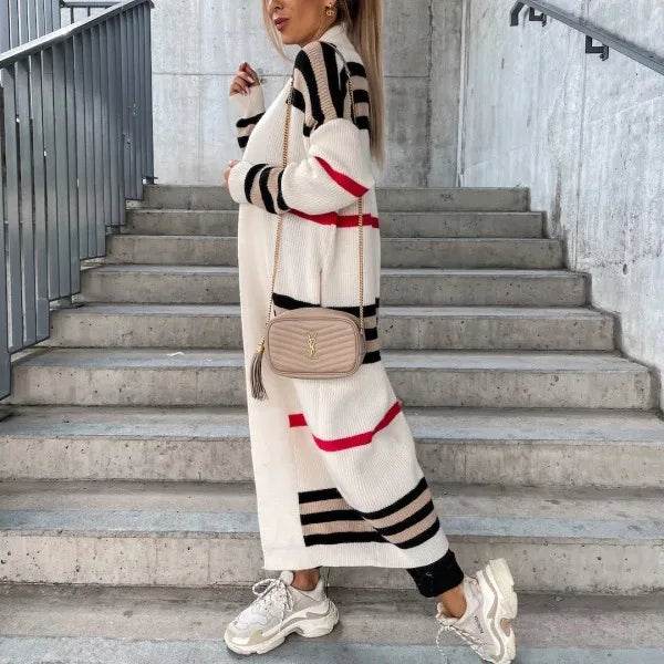 Women Sweater Spring Autumn Cardigan Coats Casual Stripes Knitted Cardigan Clothes Women Oversized Cardigan Long Sweater Coat - AIAZ