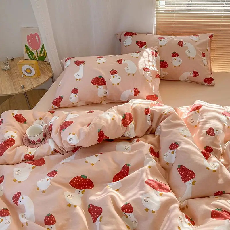 Cute Bear Duvet Cover Set with Zipper Pink Heart Bed Sheet Pillowcases No Filler Twin Queen Size Girls Boys Gift Bedding Set