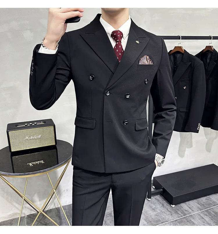 Jackets + Pants / Groom's Wedding Dress Best Fashion Mans Double -breasted Suit Blazer Trousers Male Formal Business Office Suit - AIAZ