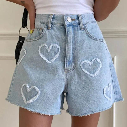 Women's Jeans Shorts Blue Cute Raw Edge Heart Pattern High Waist Fashion Denim Hot Pants Y2k Summer Casual Clothing - AIAZ