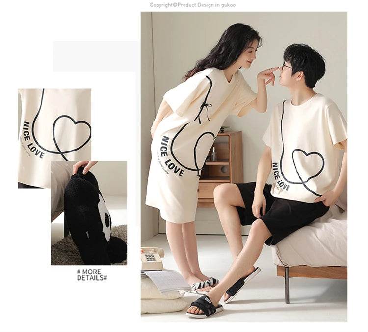 Summer Couple Pajama Sets 100%Cotton Men Short Sleeve Pyjamas Sexy Women Nightgown - AIAZ