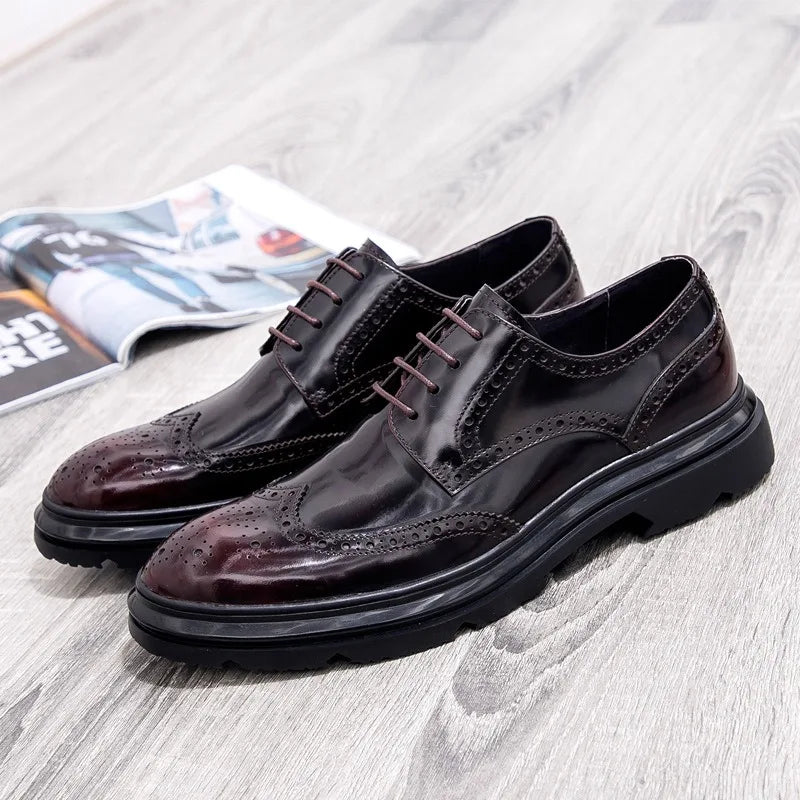 Mens Leather Dress Shoes Brogue Design Business Casual Shoes Spring Fashion Thick Sole Oxfords