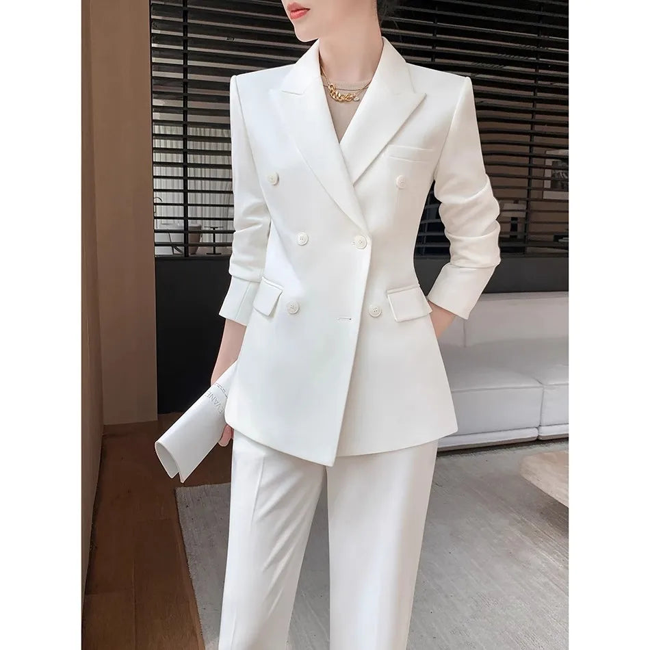Solid White Suit Women 2025 New Spring Autumn Flares Pants High-Grade Slimming Business Clothing Sets Formal Suits Overalls