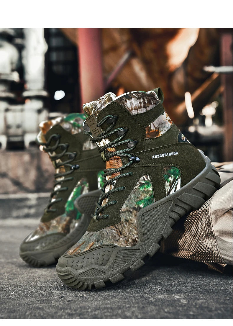 Outdoor Hiking Shoes Men Casual Combat Boots Men Breathable Wear-resistant Anti-slip Flat Comfortable High-top Boots Men