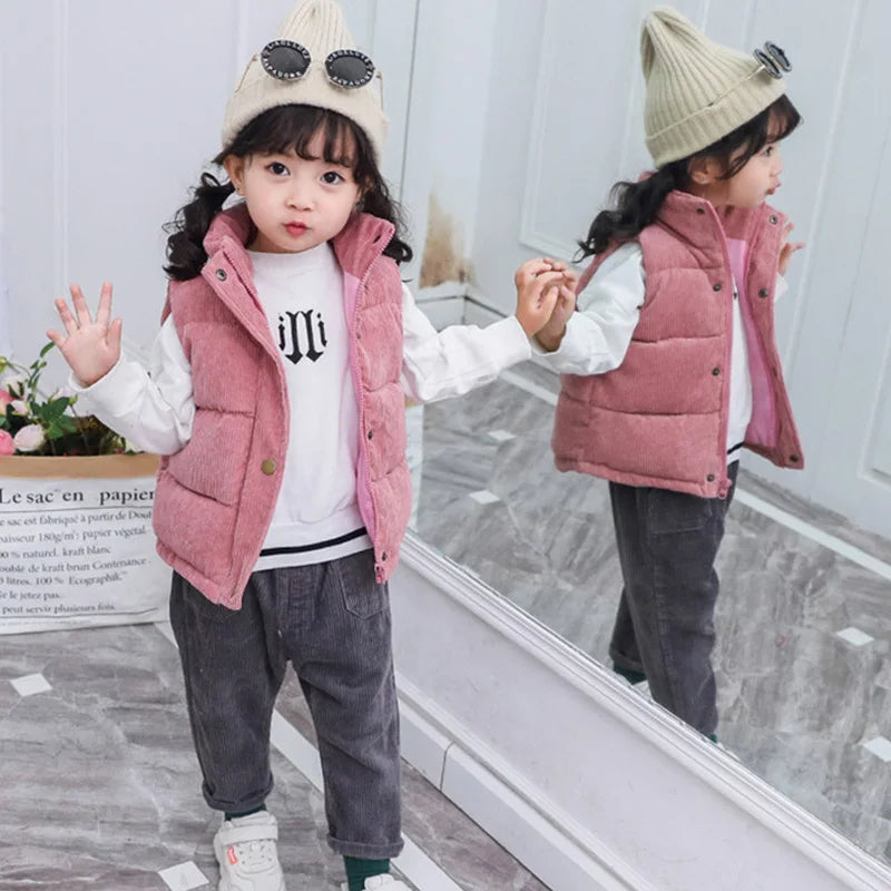 Children Autumn Winter Warm Vest Girls Casual Solid Color Jacket Boys Simple Fashion Collar Thickened Corduroy Waistcoat 2-10T