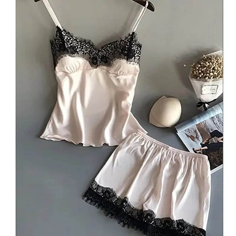 Women Pajama Suit Fashion V-Neck Stretch Satin Babydoll Lace Sexy Lingerie Bowknot Pyjamas Sleep Shorts Set Sleepwear New - AIAZ