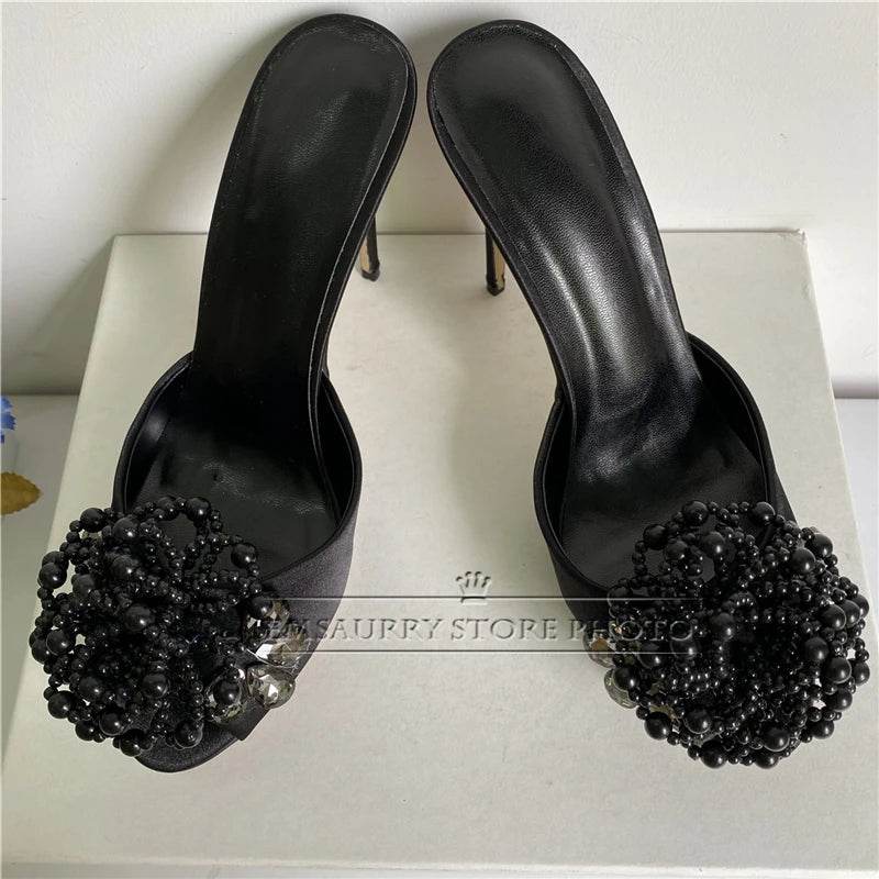 Crystal Beads Flower Decor Sandals Women 10cm Stiletto Heel Slingbacks Luxury Satin Summer Mules For Girls - AIAZ