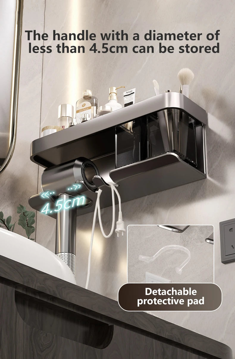 Hair Dryer Holder No punching Wall Mounted Bathroom Shelf Makeup Storage Organizer With Storage Box Aluminum Hair Dryer Rack