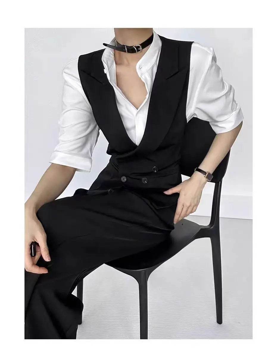 Black suit vest, cool stylish, unisex, high-end, gun collar, slim fit vest for women tank top ropa de hombre sleeveless top - AIAZ