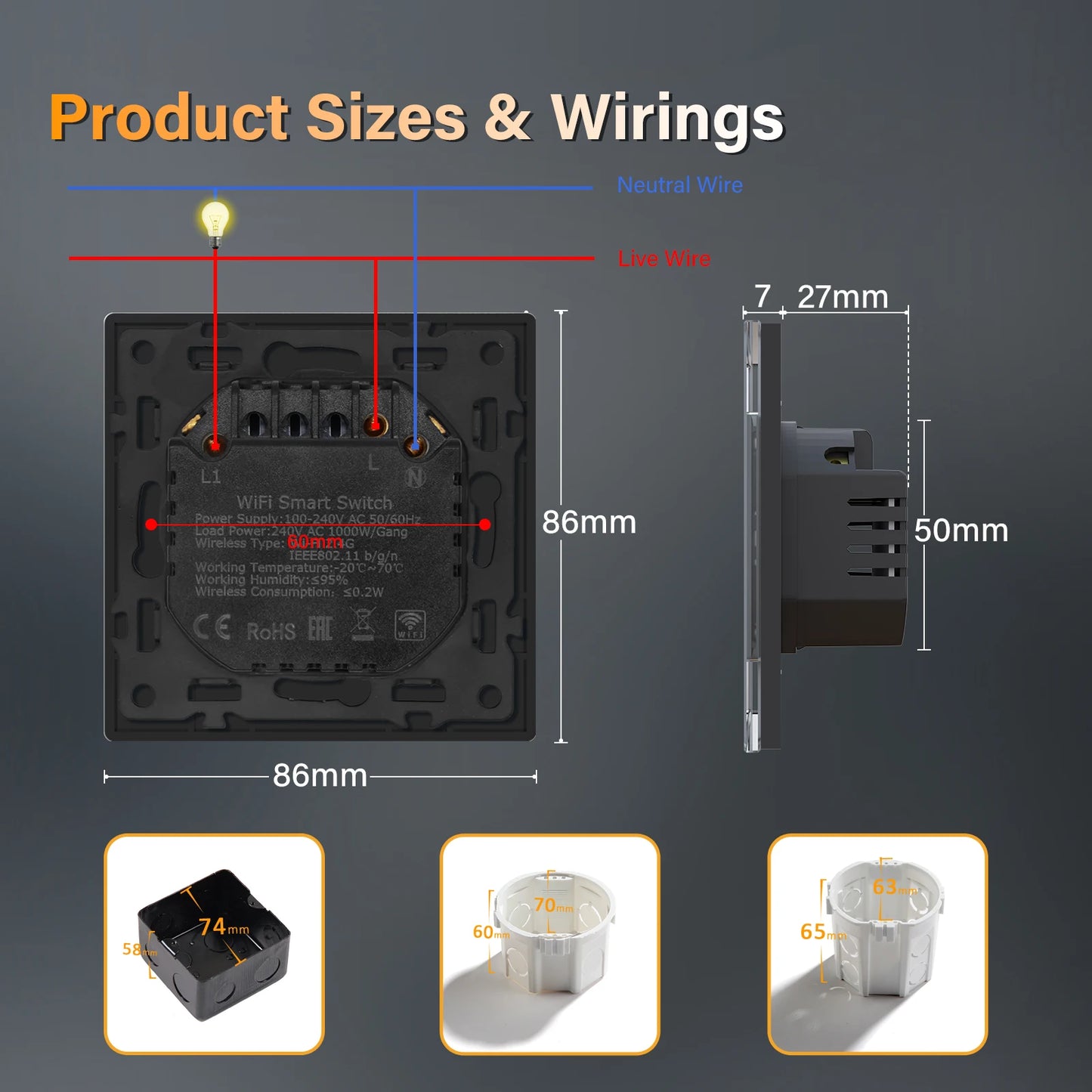 BSEED 1/2/3/4Gang 2Way WIFI Light Switch Smart Click Button Switch Glass Panel LED Indicator Support Tuya Smart Life Google Home