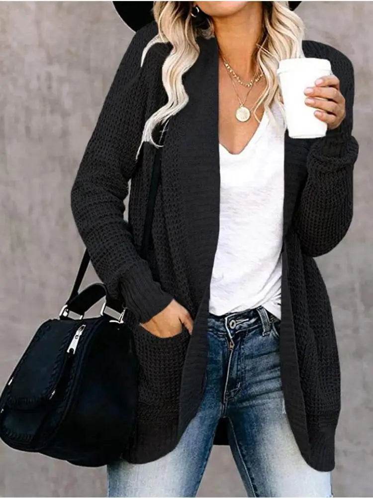 Fashion cardigan autumn and winter knit sweater women's new curved front loose casual women's wear - AIAZ