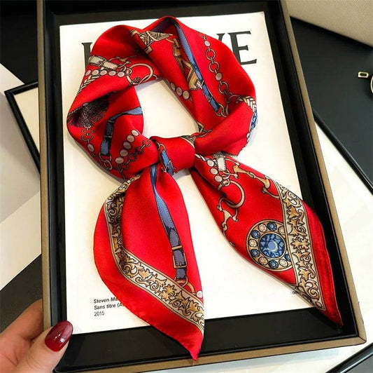 Luxury Chain Print Small Square Scarf Simulated Silk Thin Neck Scarf Fashion Sunscreen Headscarf For Women 70x70cm - AIAZ