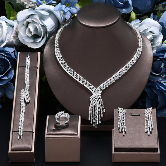Nigeria Bridal Zirconia For Women Party Luxury Dubai Necklace Bracelet Earringa Rings CZ Crystal Wedding Jewelry Sets