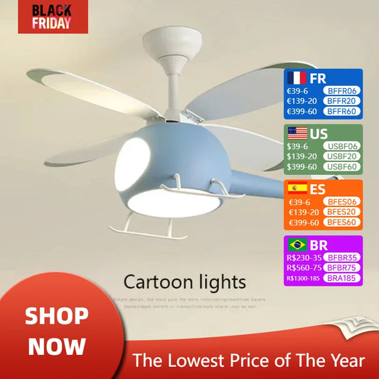 Cartoon Ceiling Lamps for Room Helicopter Fan Chandelier for Children's Bedroom Indoor Led Lights Fixture Luster Home-appliance