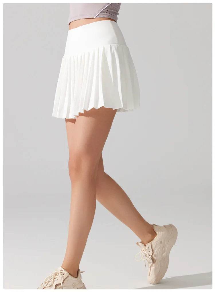 Women Summer Tennis Skirt Solid Color Pleated 2 In 1 Running Skirt Breathable Quick Dry Pocket Badminton Skirt Short Sportswear - AIAZ
